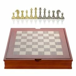 Italfama - Walnut & Maple Chess Board With Metal Pieces