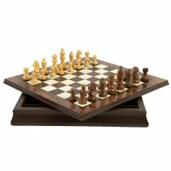 Italfama - Walnut & Maple Inlaid Chess Board W/Box & Pieces